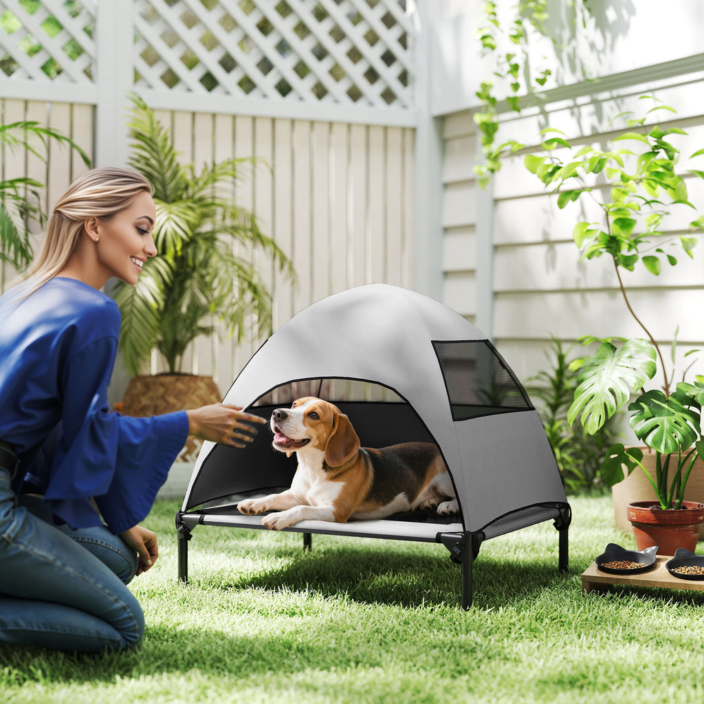 Hundeliege Outdoor mit Dach, Erh?htes Hundebett f¨¹r Mittelgro?e Hunde, 76 x 61 x 71cm, Hellgrau