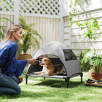 Hundeliege Outdoor mit Dach, Erh?htes Hundebett f¨¹r Mittelgro?e Hunde, 76 x 61 x 71cm, Hellgrau