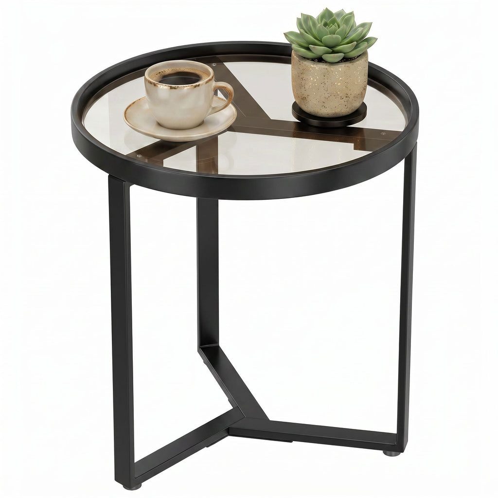 Round Side Table with Tempered Glass Top and Geometric Metal Frame for Small Space, Black