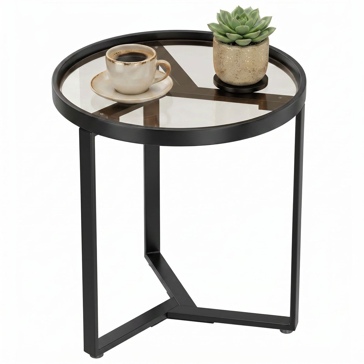 Round Side Table with Tempered Glass Top and Geometric Metal Frame for Small Space, Black