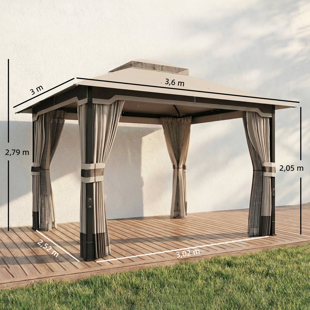 3 x 3.6 m Outdoor Garden Gazebo with Netting and Curtains, Double Roof Patio Gazebo Permanent Pavilion, Khaki