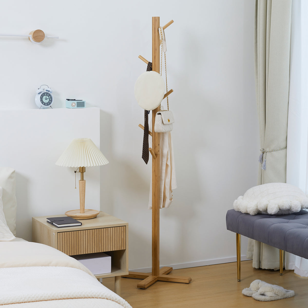 Garderobe Kleiderst?nder Hutst?nder, 8 Haken, 49,5 cm x 49,5 cm x 178 cm, Natur