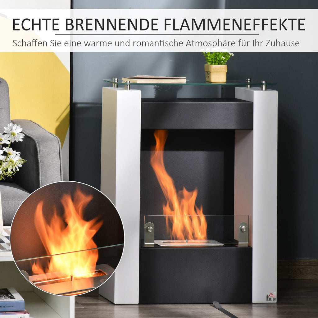 Ethanol-Kamin Bio-Ethanol-Brenner 1993W 1,5L 3 Std. Brenndauer kein Rauch frei stehend Stahl Edelstahl gehärtetes Glas Weiß+Schwarz 60 x 20 x 79 cm