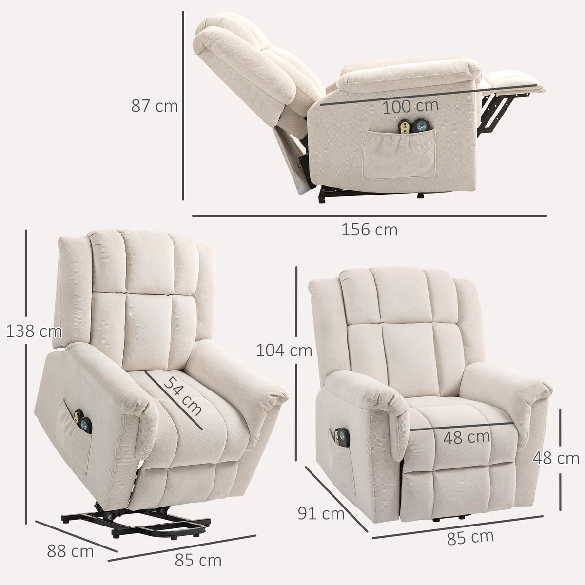 Powerlift-Sessel, Massagesessel mit Wärmefunktion, Polstersessel mit Fußstütze, Seitentasche, Stoffbezug, Beige
