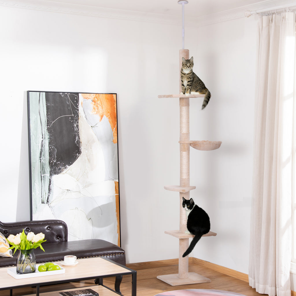 Floor to Ceiling Cat Tree 230-260cm Height Adjustable, 5-Tier Cat Tower with Scratching Posts, Hammock, Perches, Climbing Activity Centre for Indoor Kittens Playing and Relaxing, Beige