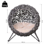 Raised Rattan Cat House, with Cushion - Silver-Tone & Grey