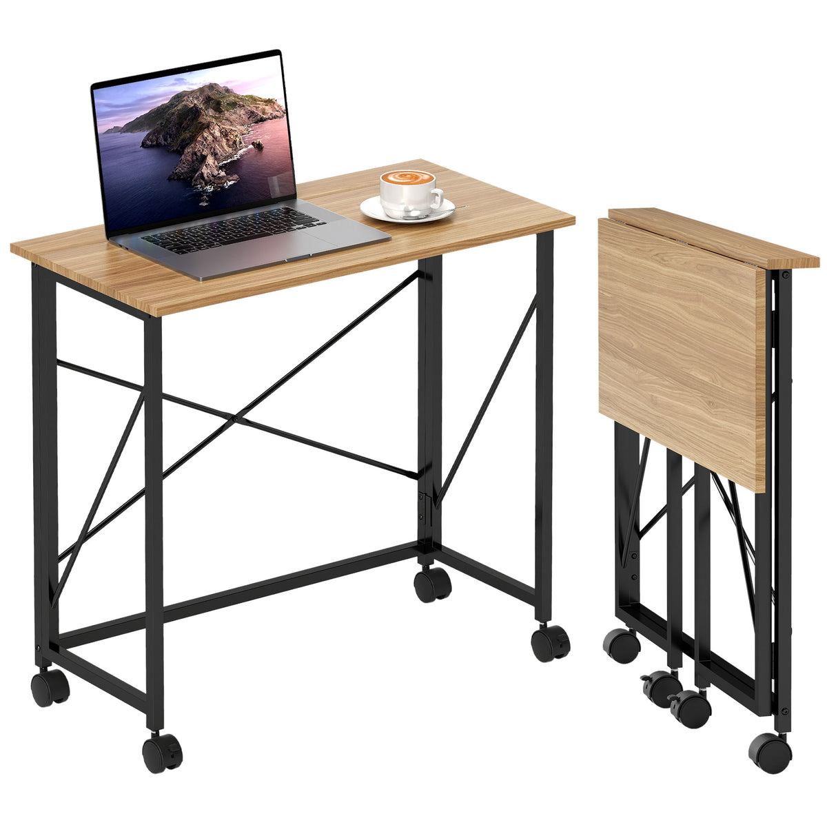 Klappbarer Schreibtisch mit R?dern, platzsparend, Stahl, MDF, Eiche