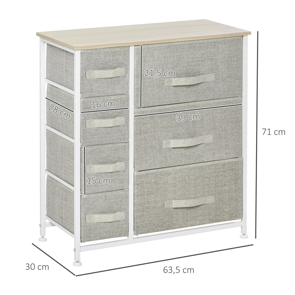 Kommode, Sideboard, 7 faltbare Stoffschubladen, Metallgestell, 63,5 x 30 x 71 cm, Hellgrau