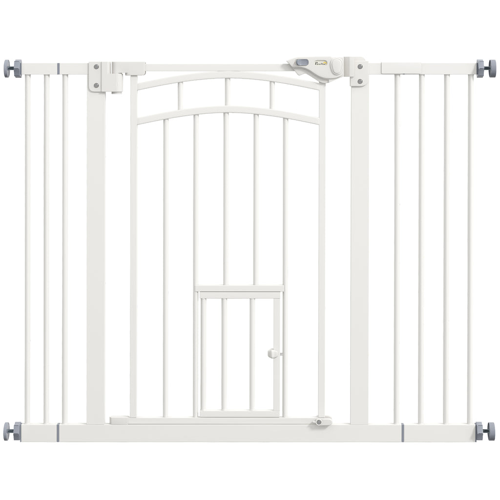 Pressure Fit Stair Dog Gate w/ Small Cat Door, Automatic Closing Door, Double Locking, for 74-100cm Openings - White