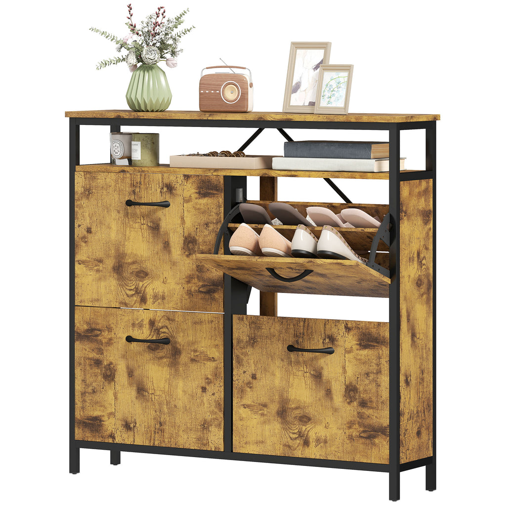 Shoe Storage Cabinet with 4 Flip Drawers and Open Shelf - Rustic Brown
