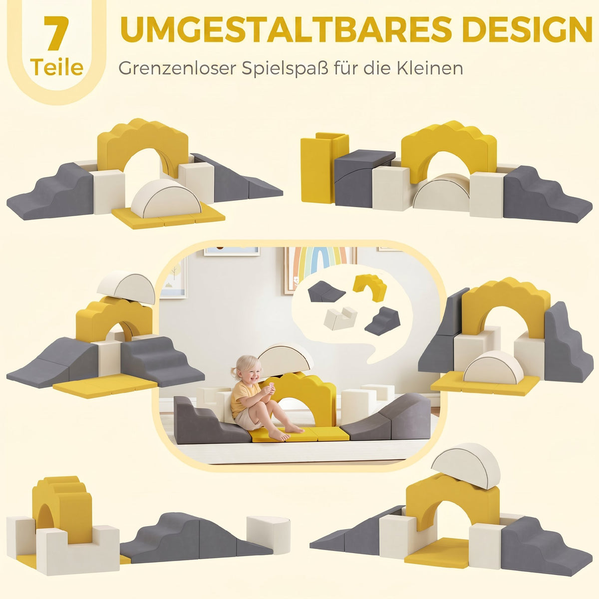 7 Piece Kids Soft Play Set with Detachable Cover, Baby Indoor Climb and Crawl Foam Toys for Toddlers, Yellow
