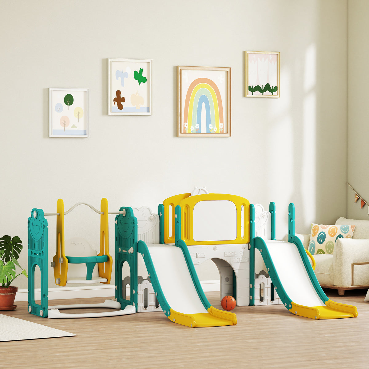9-in-1 Rutschen- und Schaukelset f¨¹r Kleinkinder, mit Basketballkorb, Teleskop, Zeichenbrett, Frosch-Design, Gelb+Gr¨¹n