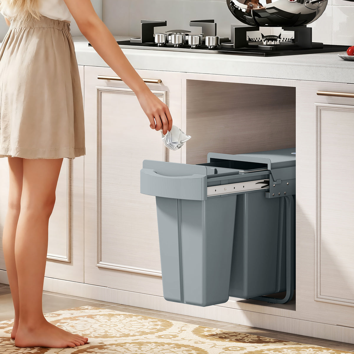 Ausziehbarer M¨¹lleimer, K¨¹chenm¨¹llbeh?lter mit 2 herausnehmbaren Eimern, Griff, 30 Liter (20 L+10 L), Metall, Grau