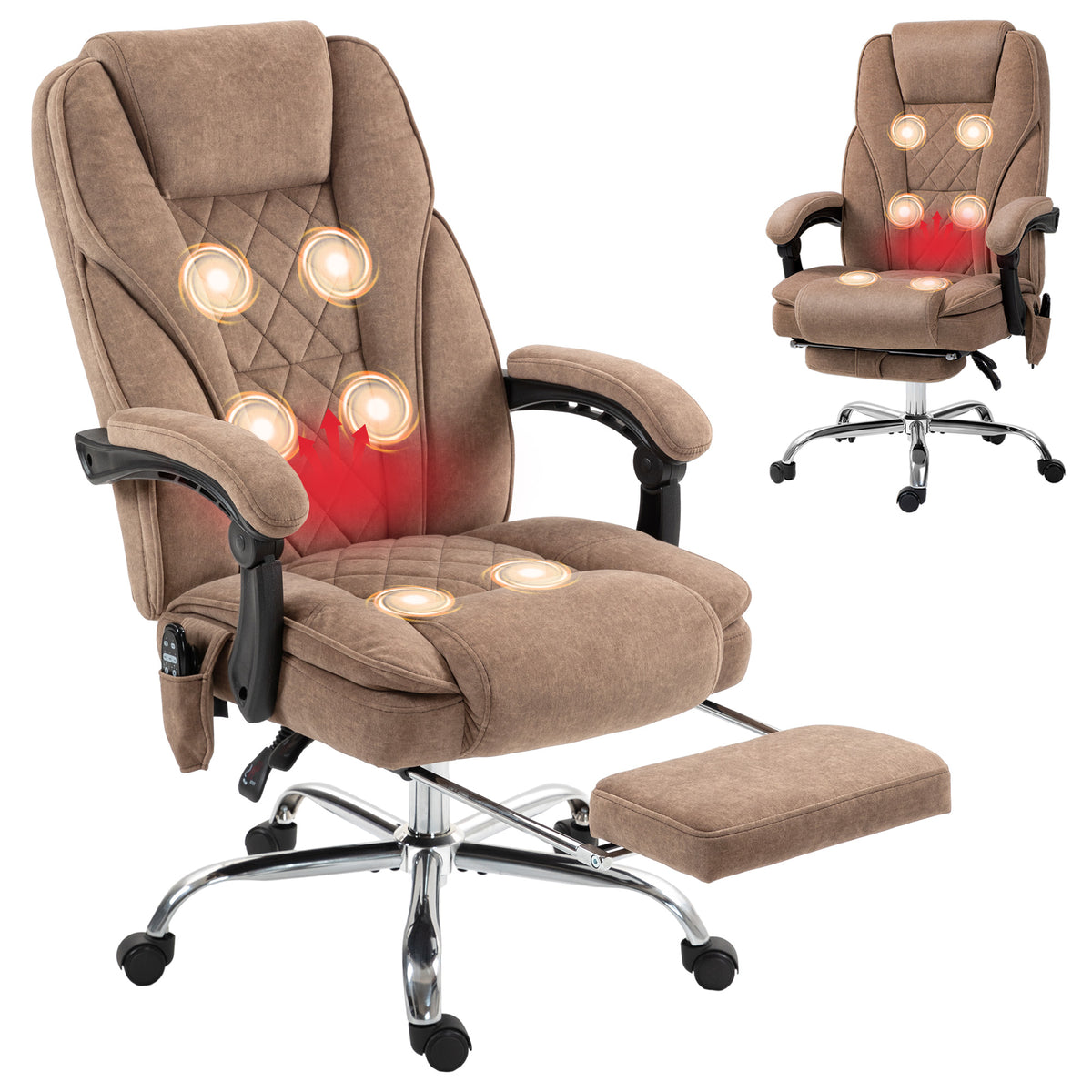 Ergonomischer Bürostuhl mit Massagefunktion, Fußstütze, drehbar, rollbar, Braun