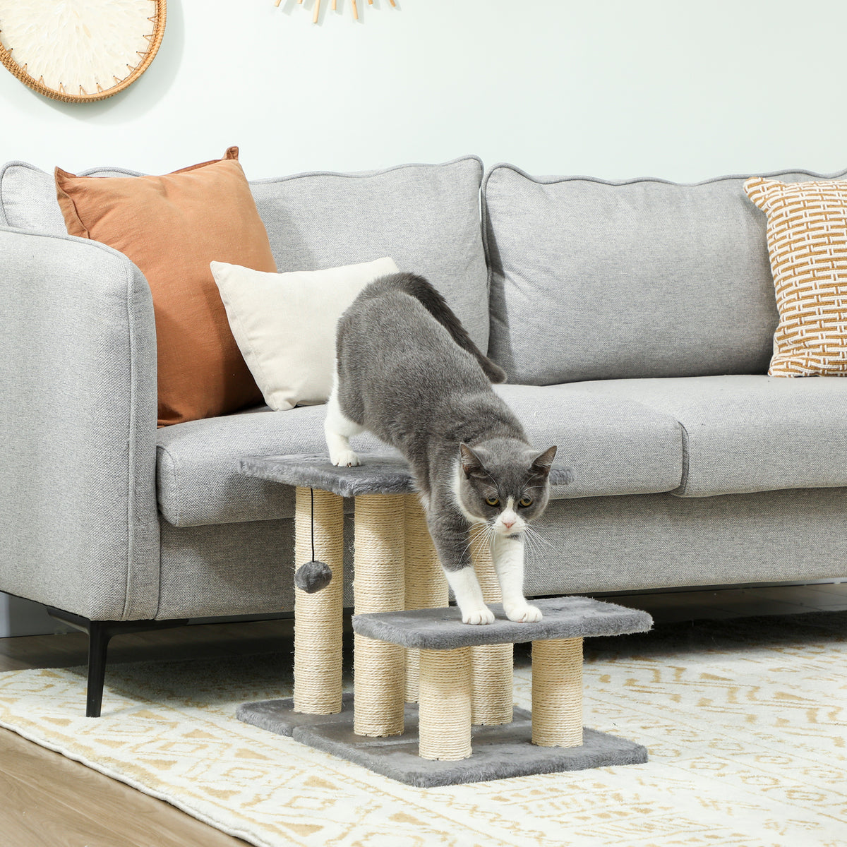 Dog Steps for Bed, 3 Step Adjustable Pet Stairs for Sofa with 6 Sisal Scratching Posts for Small Dogs & Cats, Grey