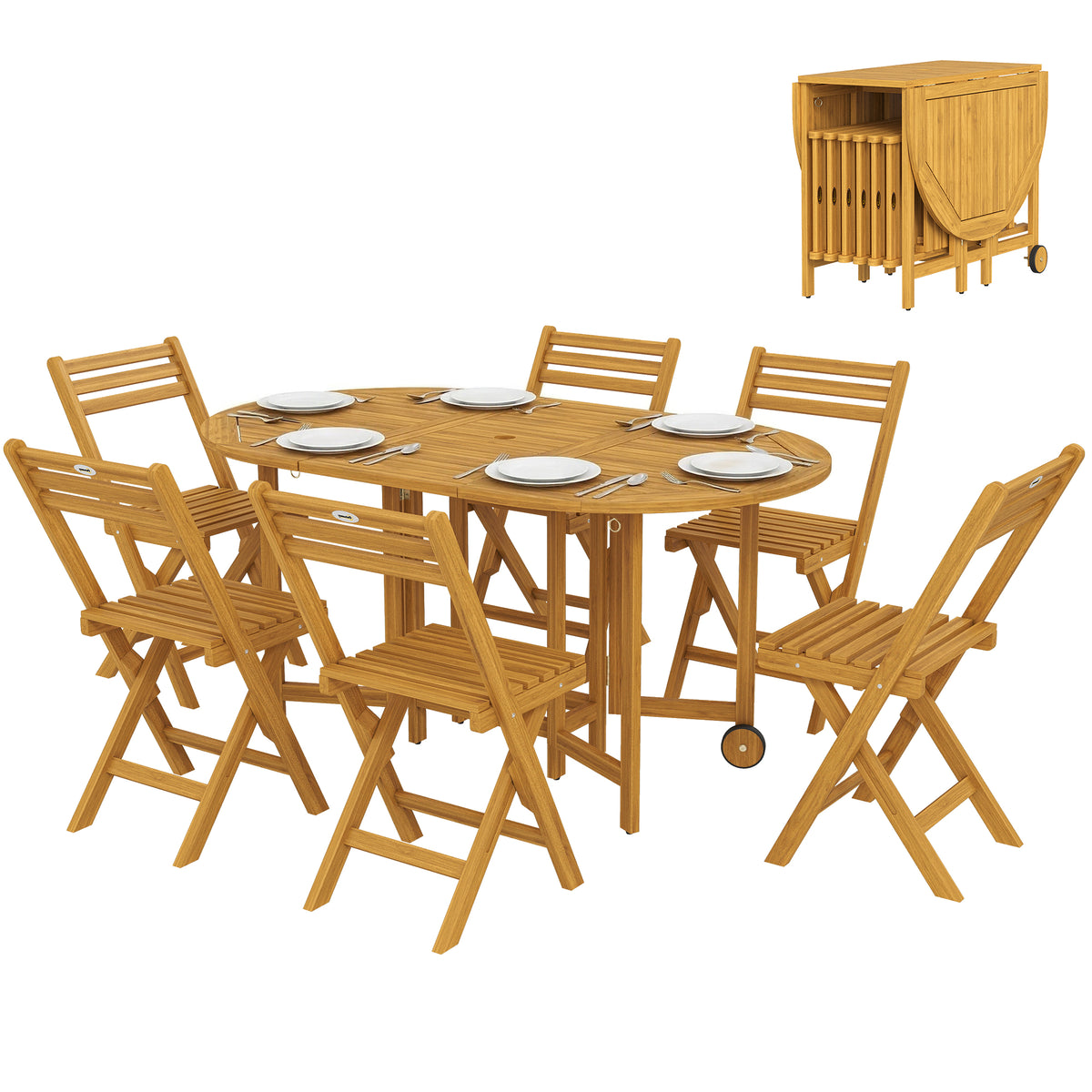 Gartenmöbel Set FSC Holz Sitzgruppe 7-teilig Ausziehbar Tisch mit 6 Klappstühlen Schirmloch Lamellendesign