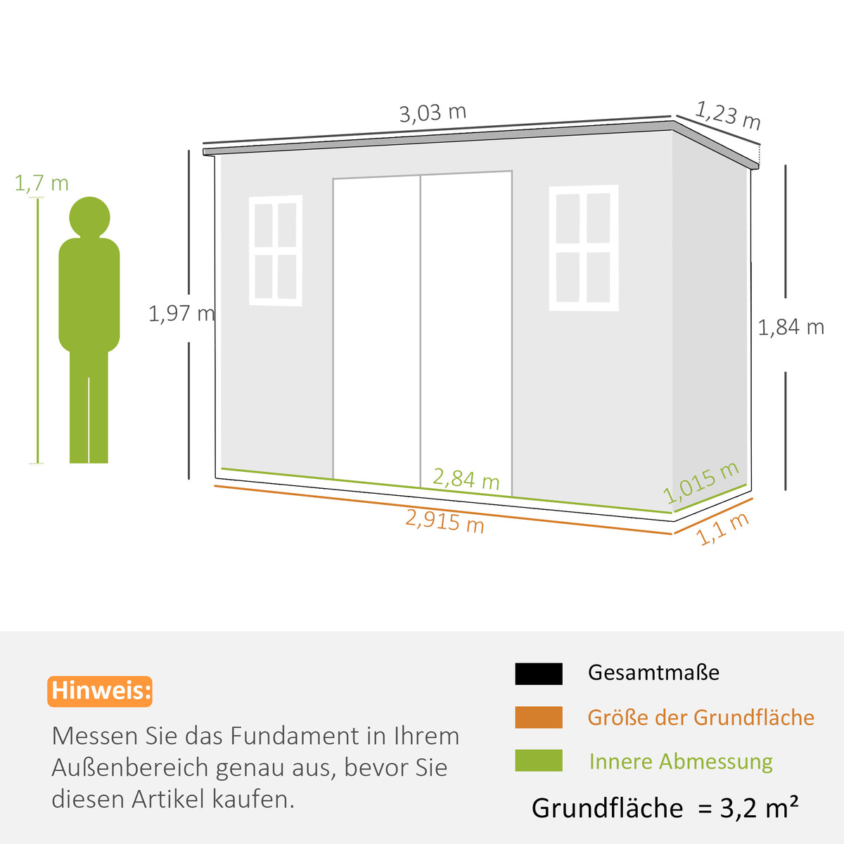 Gerätehaus 3,2m², Geräteschuppen mit Pultdach, 303x123x197cm mit Fenster Abschließbar Tür Belüftungsöffnung Boden