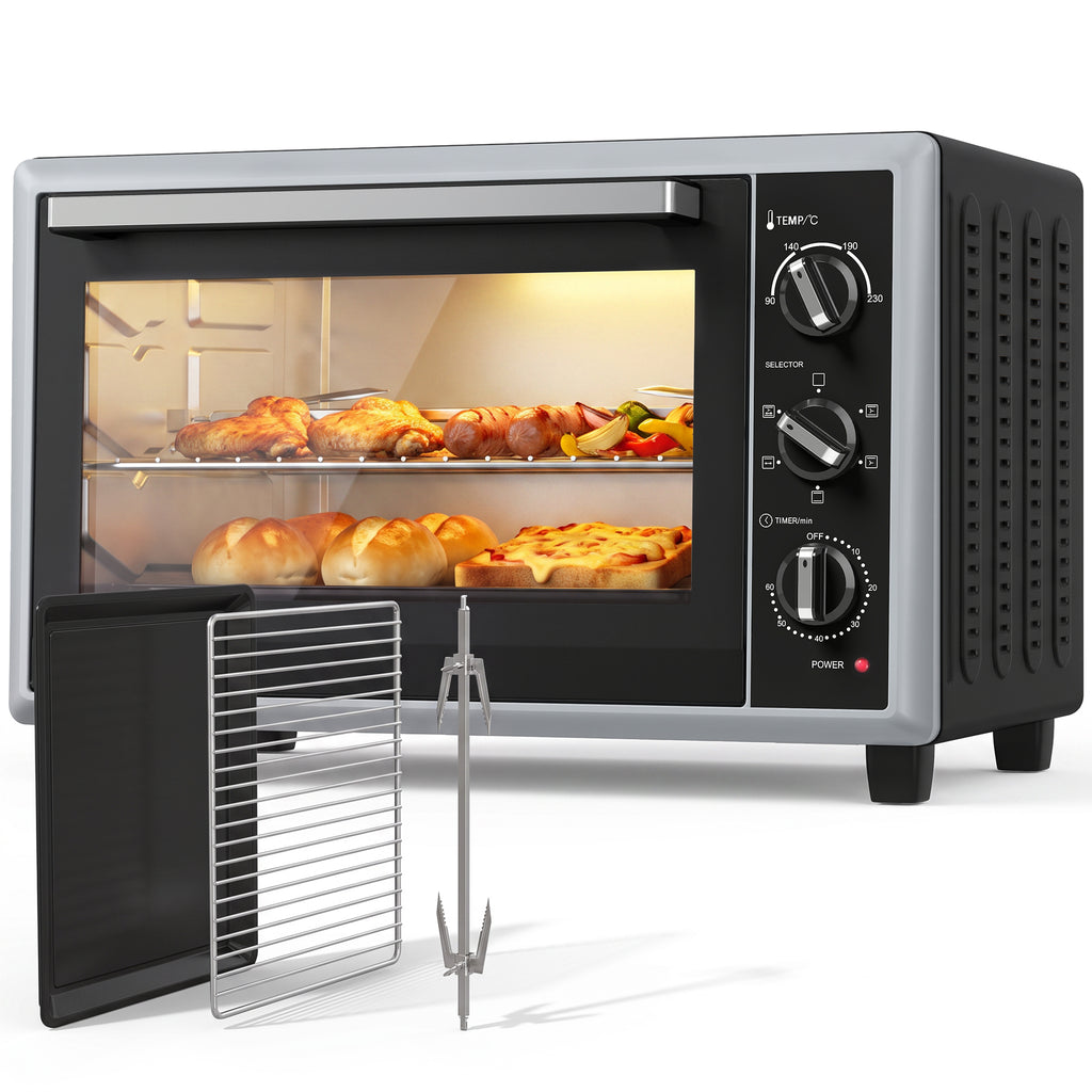 46 L Mini-Backofen mit Drehspieß, Umluft, Temperaturregelung und Timer, 1800 W, Schwarz