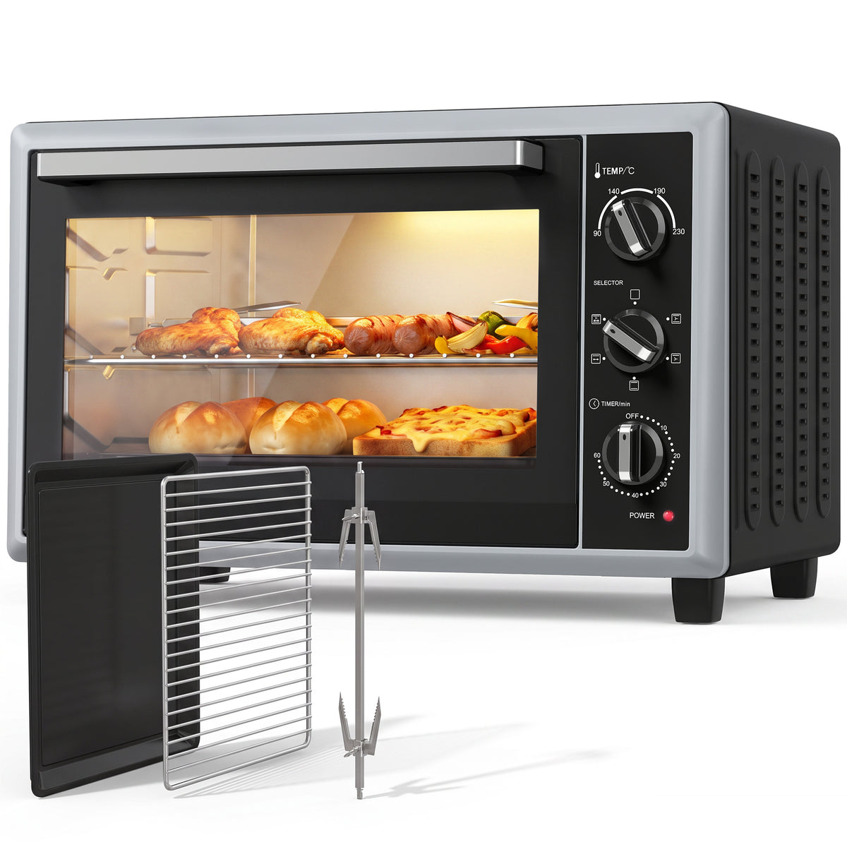 46 L Mini-Backofen mit Drehspieß, Umluft, Temperaturregelung und Timer, 1800 W, Schwarz