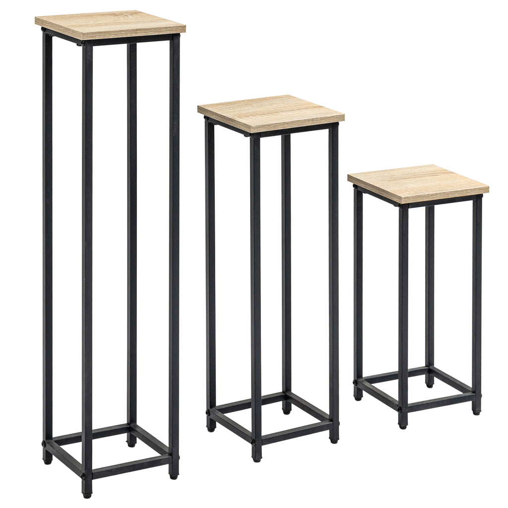 3-teiliges Set Pflanzenst?nder stapelbar platzsparend 21 cm x 21 cm x 50/70/90 cm Stahl Braun + Schwarz