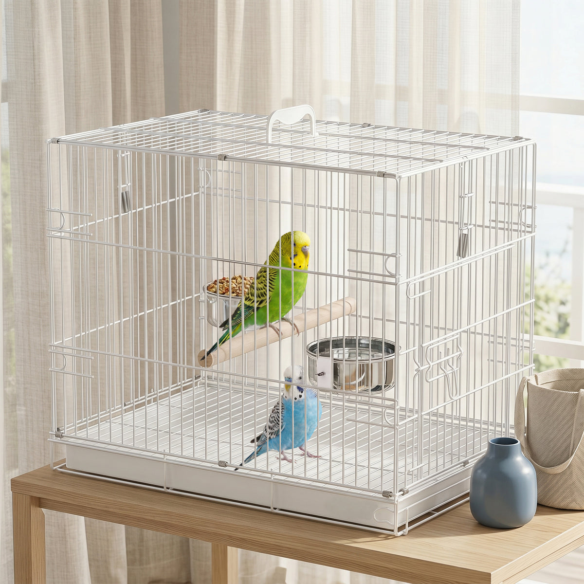 Bird Cage Foldable Portable Budgie Cage with Wooden Perch 2 Bowls for Travel 49 x 31 x 40 cm White
