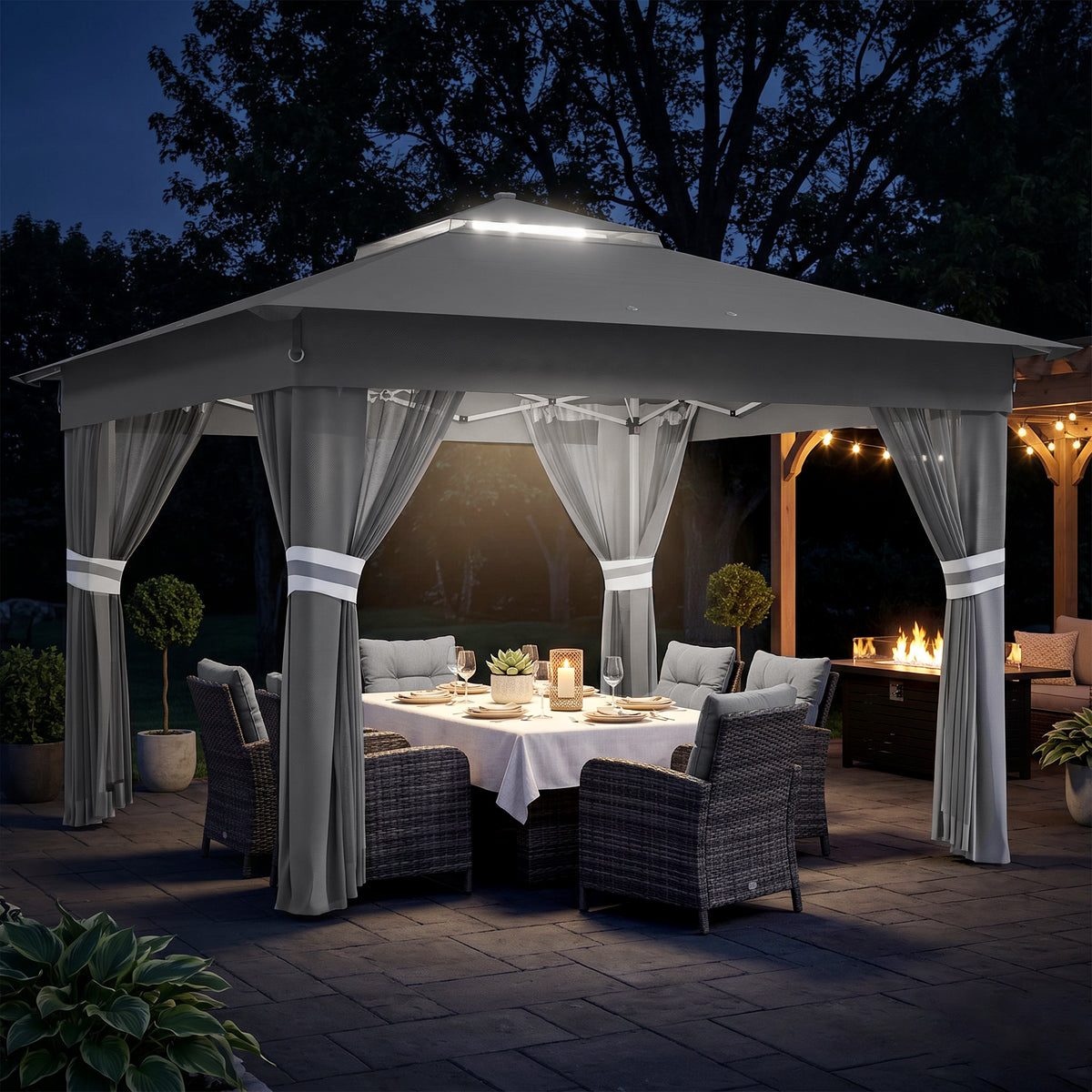 Gartenzelt mit solarbetriebenen LED´s Gartenzelt mit Beleuchtung, 336 cm x 336 cmx 270 cm, Grau