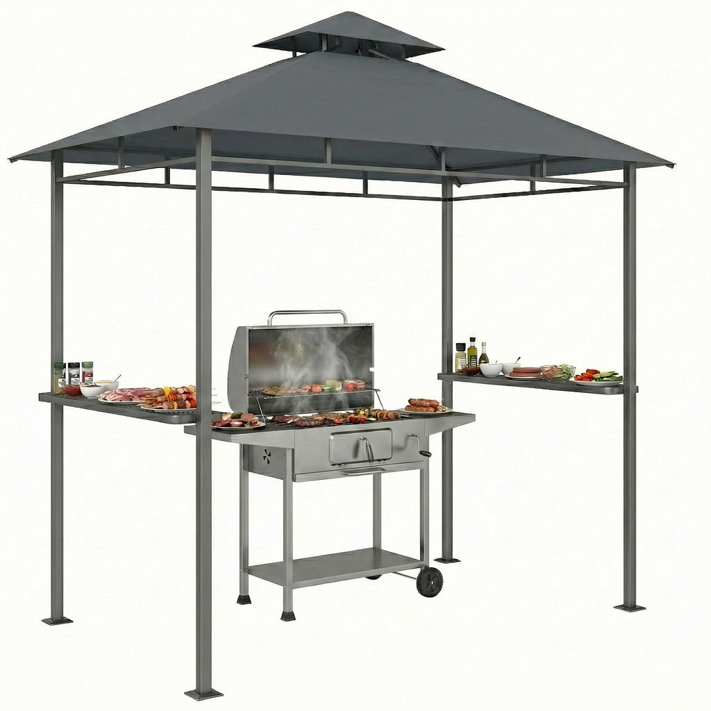 Grillpavillon 2,4 x 1,4 m, Windfest Grillüberdachung mit Doppeldach Lüftungsöffnung Seitenregalen