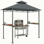 Grillpavillon 2,4 x 1,4 m, Windfest Grillüberdachung mit Doppeldach Lüftungsöffnung Seitenregalen