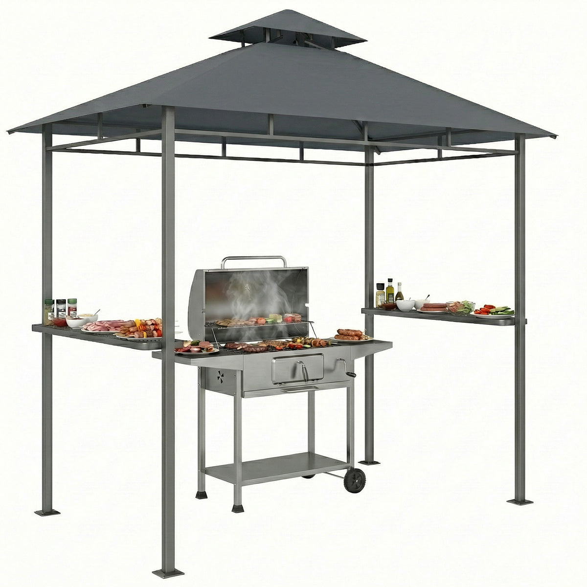 Grillpavillon 2,4 x 1,4 m, Windfest Grillüberdachung mit Doppeldach Lüftungsöffnung Seitenregalen