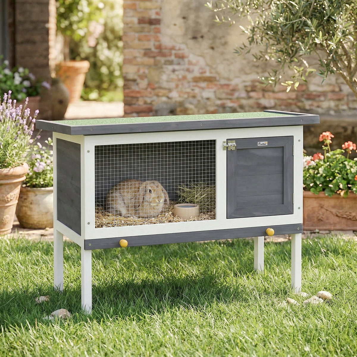 Wooden Rabbit Hutch, Guinea Pig Hutch with Asphalt Roof, Outdoor Elevated Bunny House for Rabbits, Chinchillas