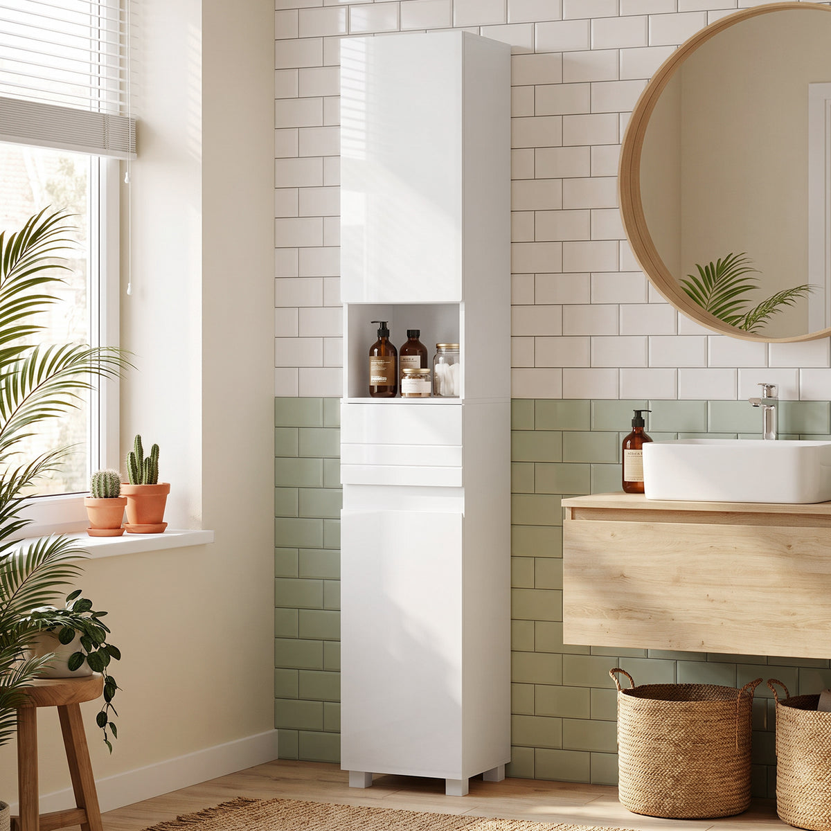 Badezimmerschrank Schmaler Badschrank mit verstellbaren Einlegeböden, 30 x 30 x 170 cm, Weiß
