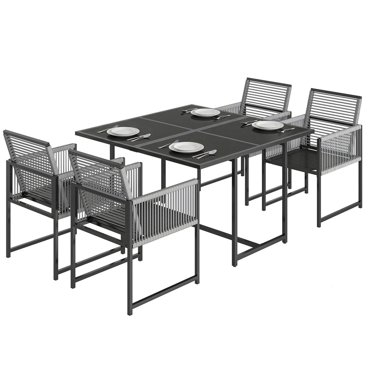 5 Pieces Garden Dining Set, Outdoor Patio Cube Set, 4 Seater Outdoor Table and Chairs with Foldable Backrest, Light Grey