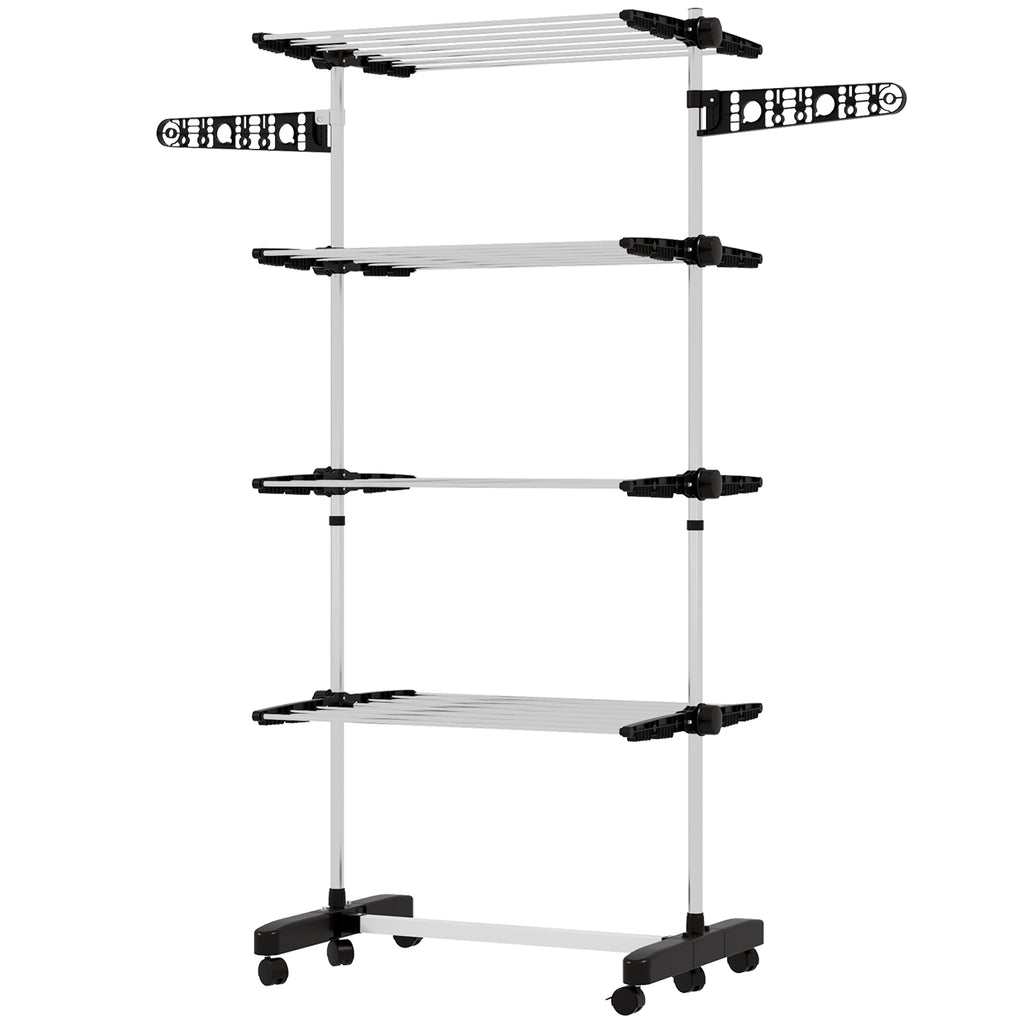 Four-Shelf Collapsing Clothes Horse, With Side Arms and Wheels - Black