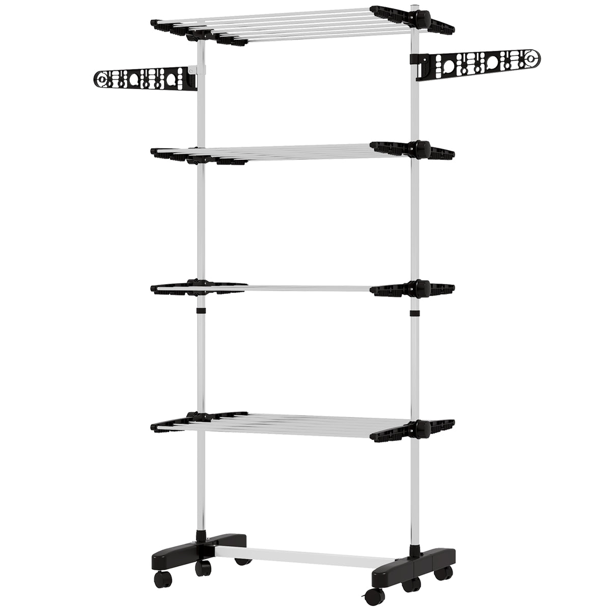 Four-Shelf Collapsing Clothes Horse, With Side Arms and Wheels - Black