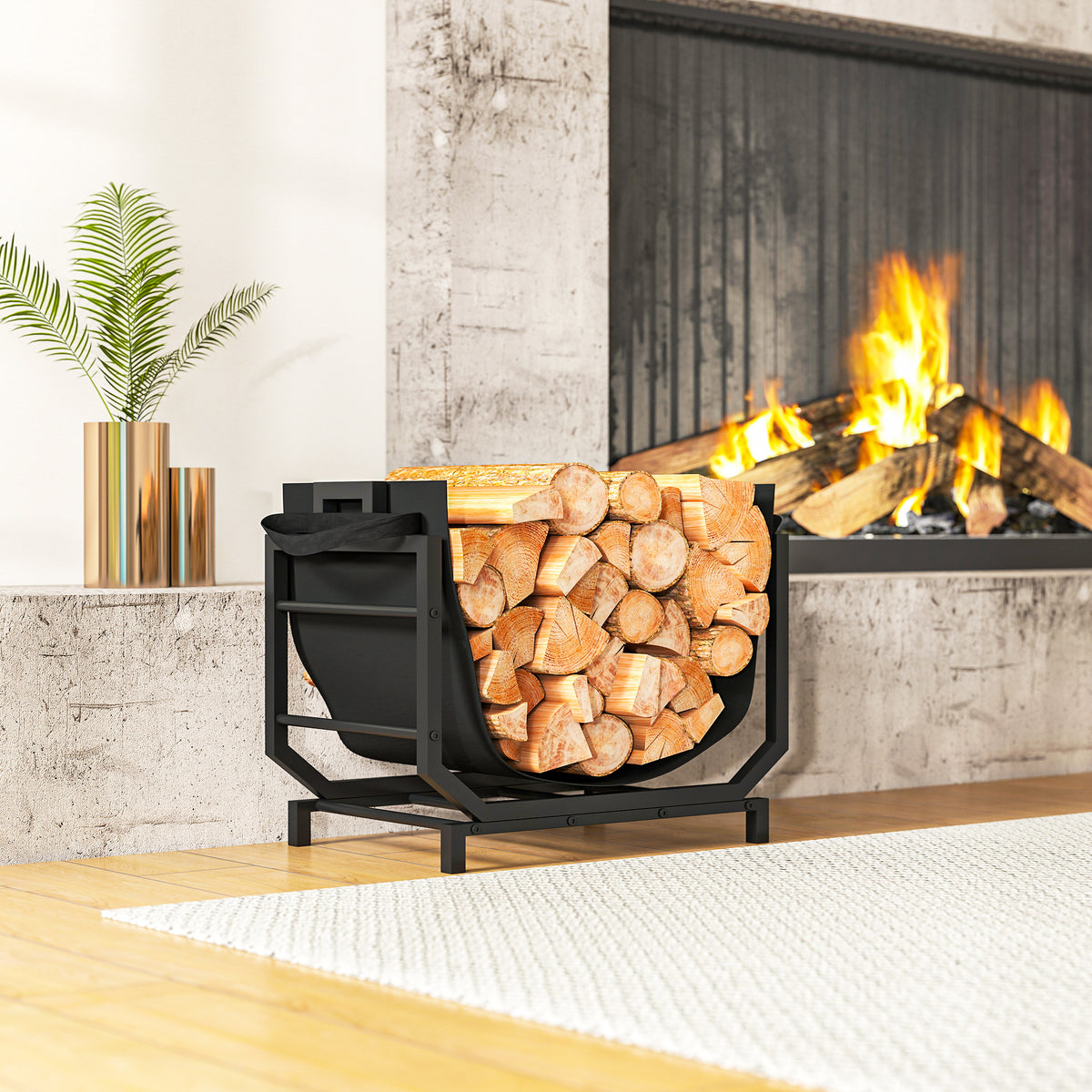 Kaminholzregal für innen 53 x 33 x 43 cm Brennholzregal mit Tragetasche Metall Schwarz