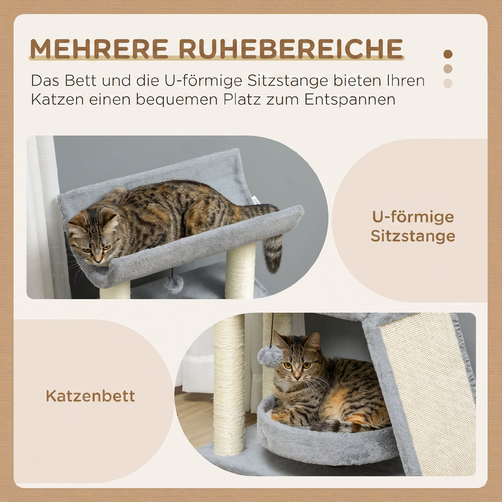 Cat Tree Tower, with Scratching Posts, Pad, Bed, Perch, Toy Ball - Light Grey