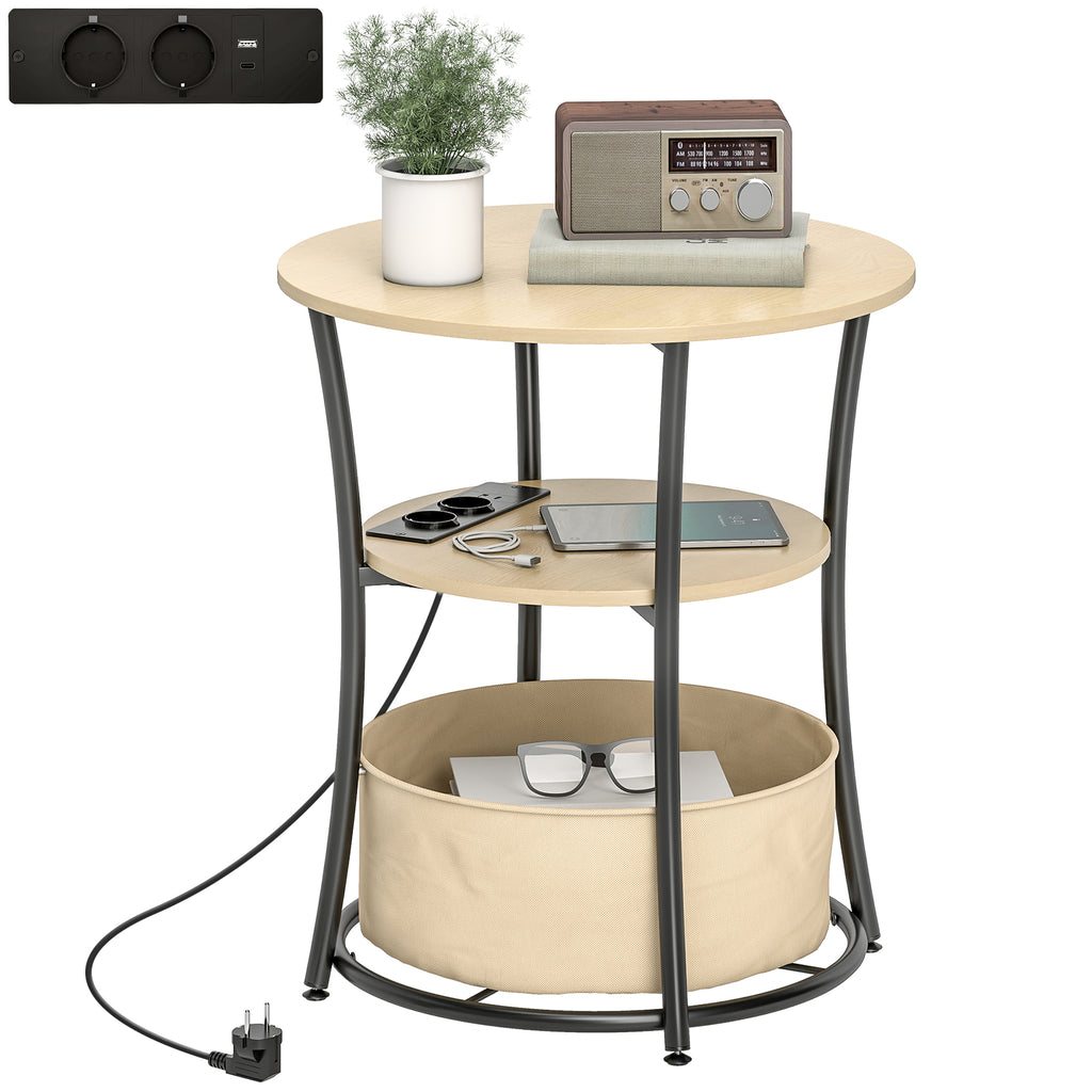 Beistelltisch 3-stufiger Couchtisch mit Ladestation, Stoff-Aufbewahrungstasche, Ablage, 50x50x55,1 cm Naturholz
