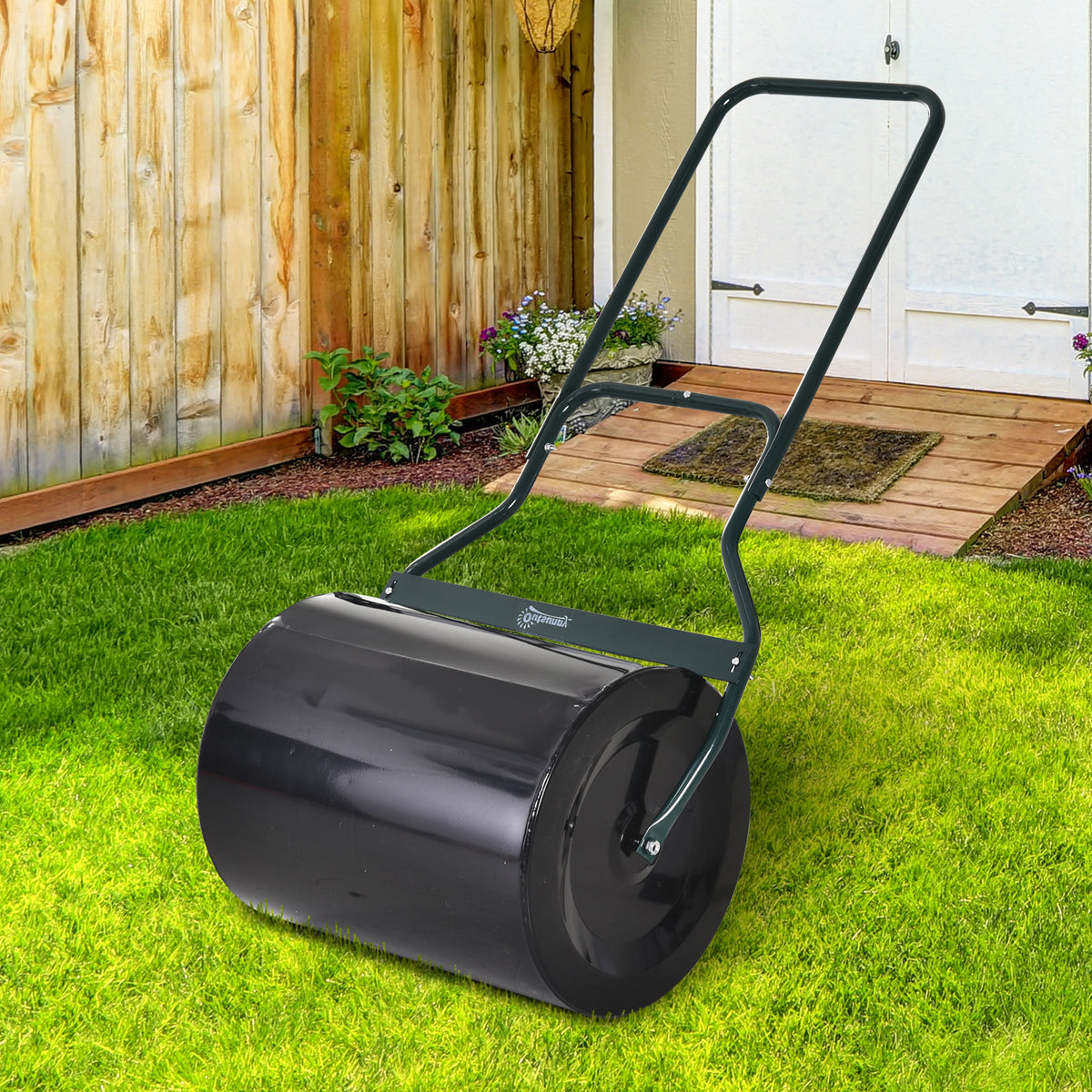 Rasenwalze mit U-Griff, Gartenwalze, Gartenrolle, 40 cm Durchmesser, 60 L Wasser-/Sandfüllung, Metall, Schwarz 57 x 40 x 123 cm