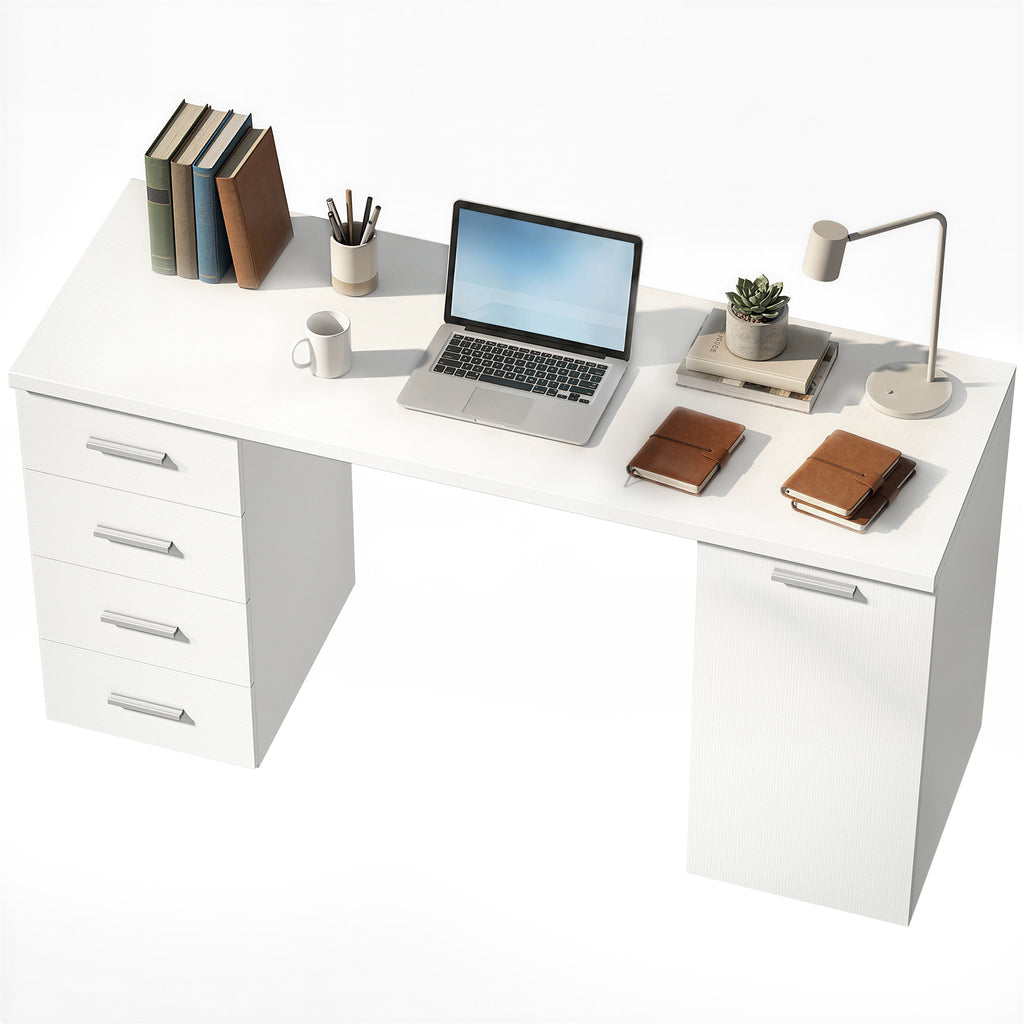 Computertisch mit 4 Schubladen und Schrank, 140 cm Schreibtisch für Arbeitszimmer, Weiß Holzoptik
