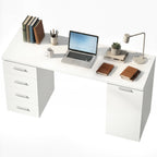 Computertisch mit 4 Schubladen und Schrank, 140 cm Schreibtisch für Arbeitszimmer, Weiß Holzoptik