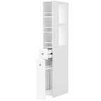 Schmaler hoher Badezimmerschrank, 135 cm Badschrank mit 2 Schubladen, weiß
