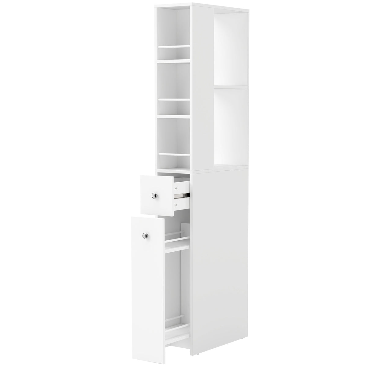 Schmaler hoher Badezimmerschrank, 135 cm Badschrank mit 2 Schubladen, weiß
