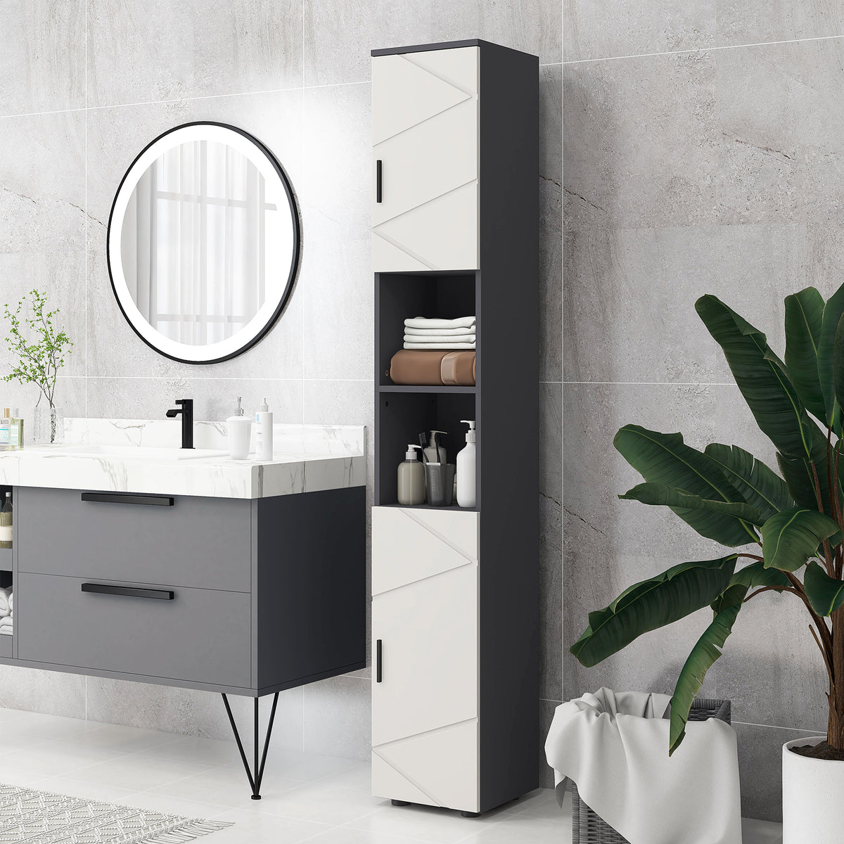 Badezimmerschrank, Badschrank, verstellbare Regale, Spanplatte, Hellgrau