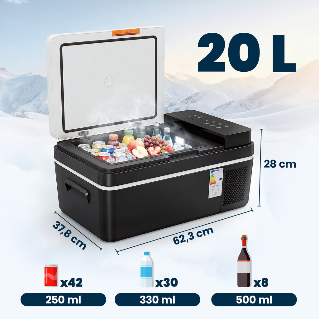 Kompressor Kühlbox 20L -20℃-20℃ Elektrische Kühlbox mit APP-Steuerung LED-Leuchten USB Anschluss Batterieschutz