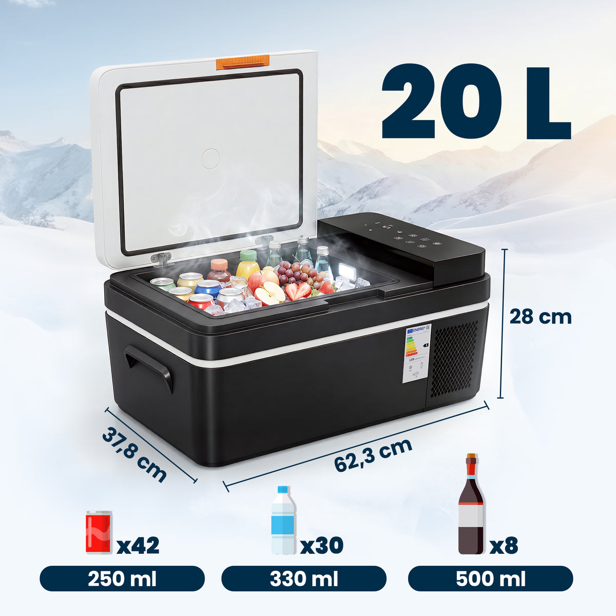 Kompressor Kühlbox 20L -20℃-20℃ Elektrische Kühlbox mit APP-Steuerung LED-Leuchten USB Anschluss Batterieschutz