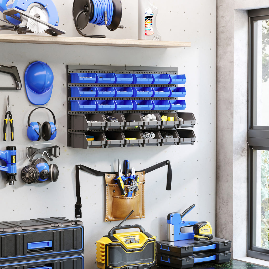 Sch¨¹ttenregal, Werkstattmagazin, 30 Boxen in 2 Gr??en, stapelbar, 63x18x37,5cm, Blau