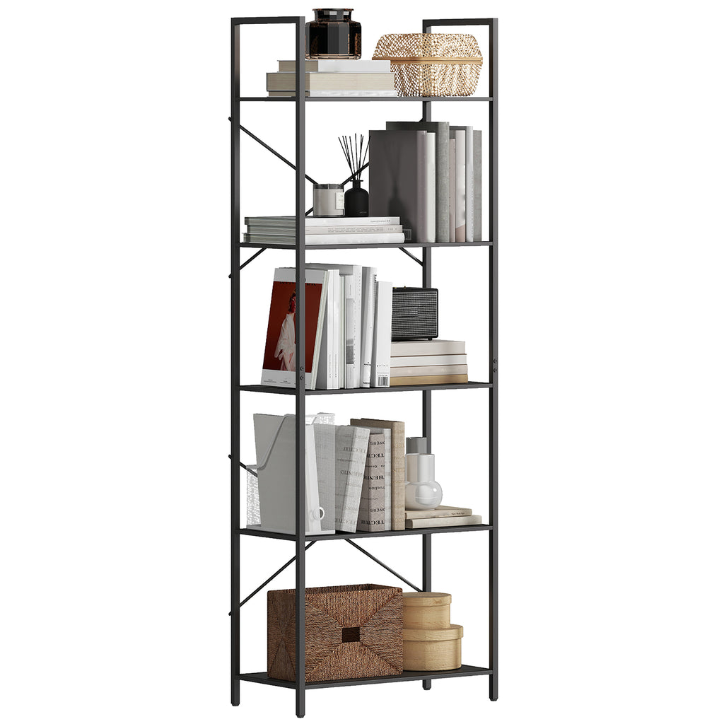 Bücherregal, Standregal mit 5 Ebenen, Industrielles Büroregal mit Metallrahmen, offenes Aufbewahrungsregal für Wohnzimmer, Büro, Arbeitszimmer, 60x30x170,5 cm, Schwarz
