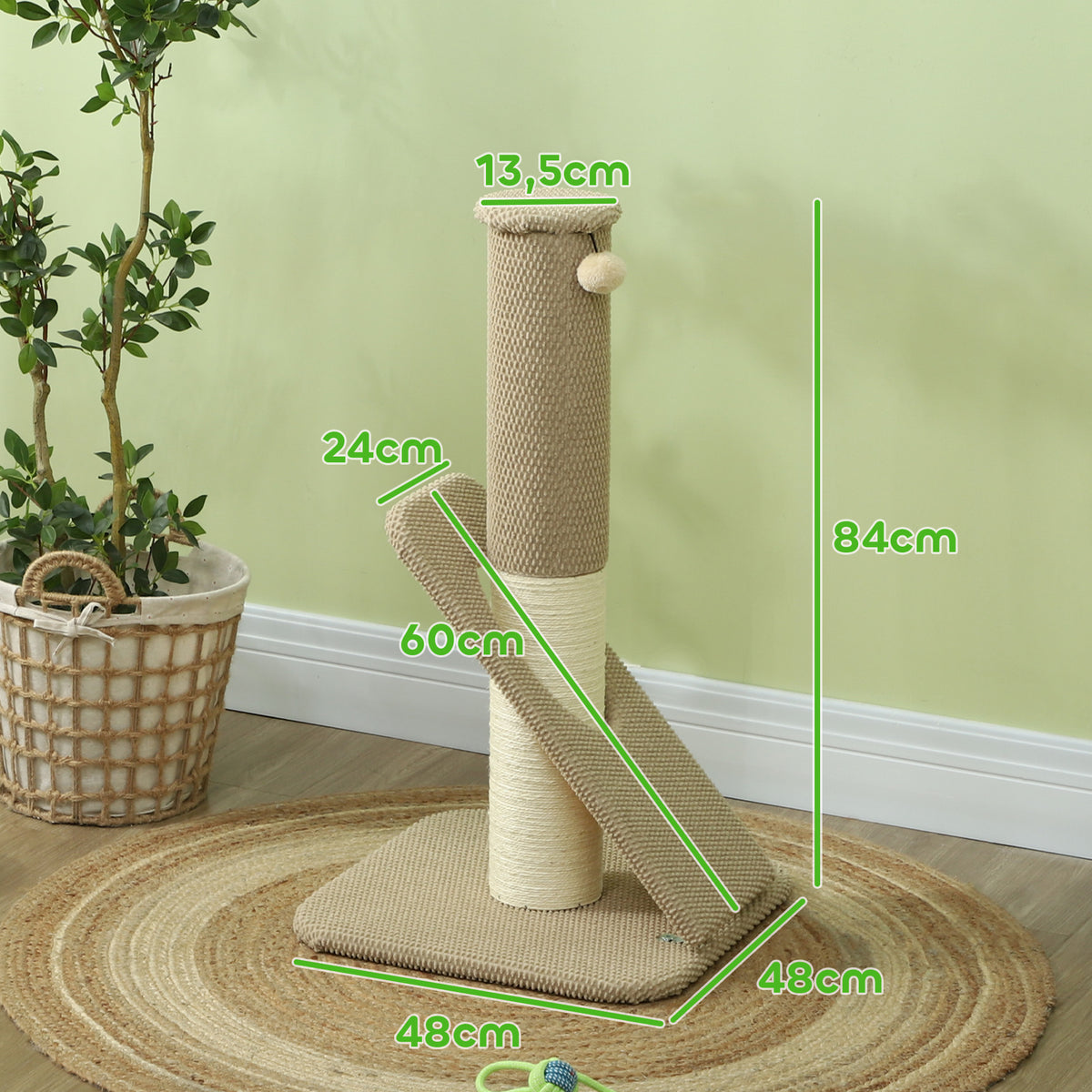 Kratzbaum für Katzen, mit Pad, Säule und Spielball, Teppich und Sisal, 84 cm, Hellbraun