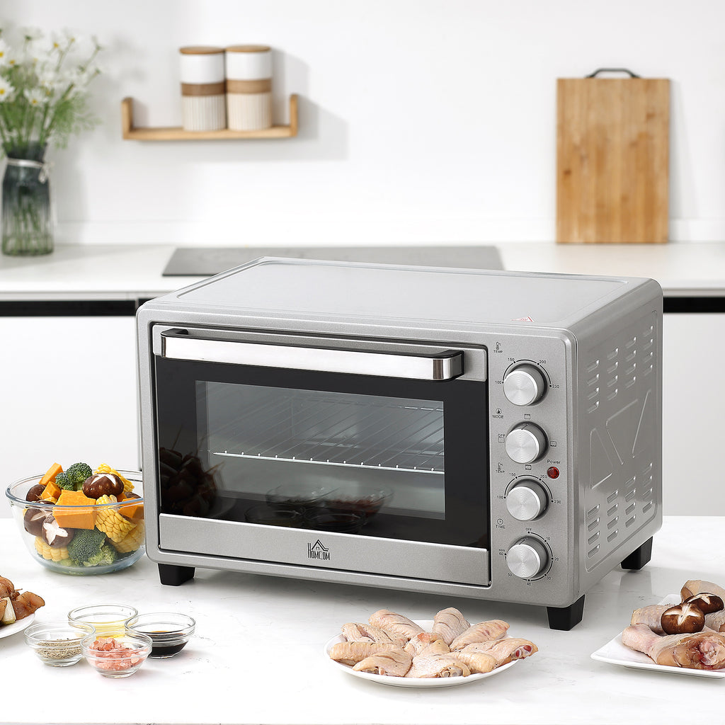 Mini Backofen 32L 100 °C-230 °C 1600 W Mini Ofen mit Backblech Krümelblech Grillrost und 3 Kochmodi Pizzaofen mit Timer Backblech-Griff Edelstahl Silber