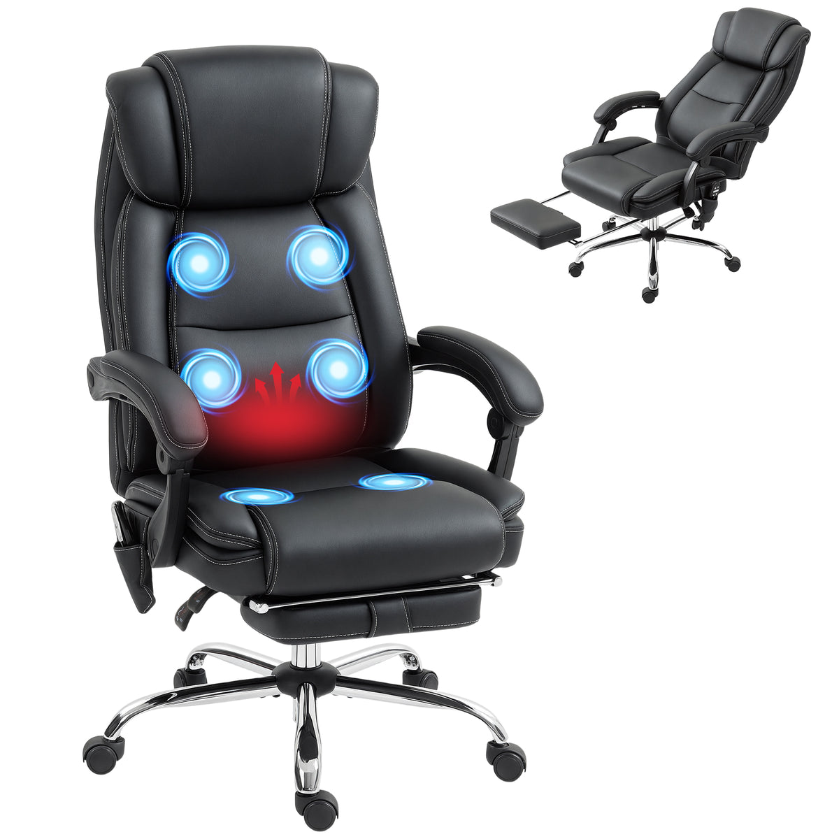 Bürostuhl Ergonomisch mit Massagefunktion Schreibtischstuhl mit Fußstütze, Kunstleder Schwarz